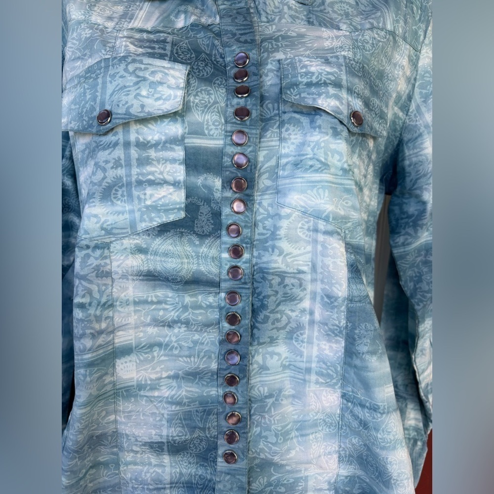 Scully Western Shirt Womens Long  Sleeve button down light blue Paisley size S - Picture 3 of 9